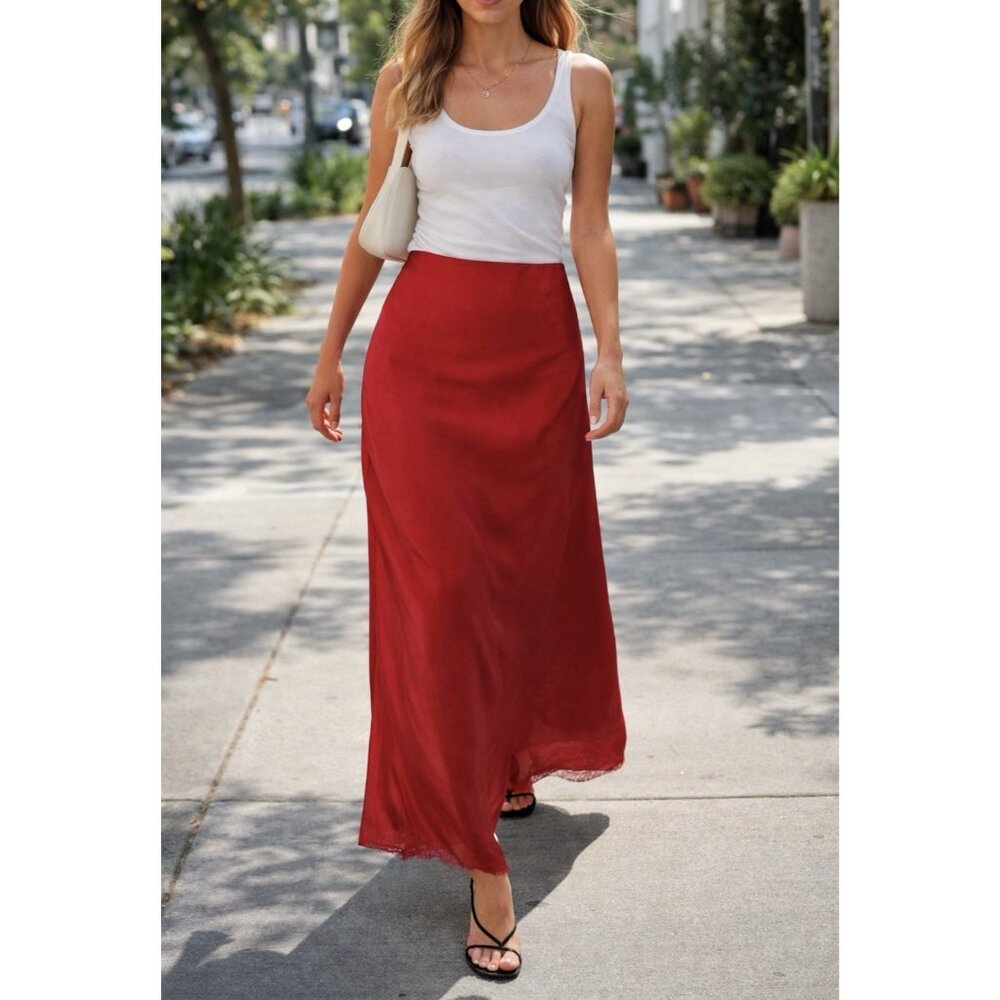 AG Adriano Goldschmied Red MIdi Silky Skirt with Lace Trim Size Small NEW